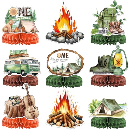 9 PCS Camping Honeycomb Centerpieces with Fake Campfire, Camping Table Decorations, Camping Decorations, Camping Themed Party Decorations, Camping Decor