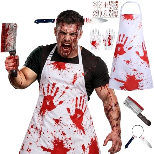 Halloween Kostüm Metzger Kostüm Herren Damen Gruselig-Einstellbar Blutige Schürze S-5XL,Haarreif,Tattoos,Handschuhe,Horror Kostüm Set für Erwachsene partnerlook,Gruselige Verkleidu