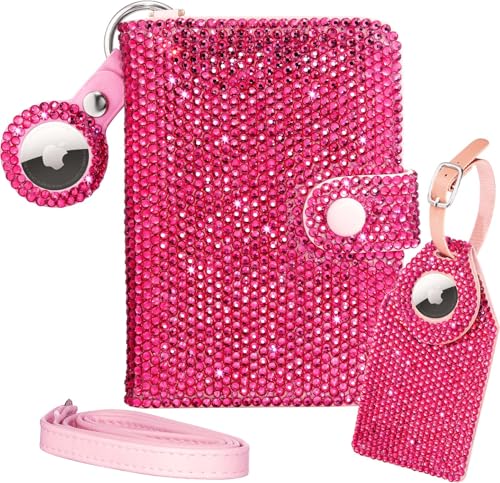 SlowVibes Pink Rhinestone Passport Holder With AirTag Slot,Luggage Tags For