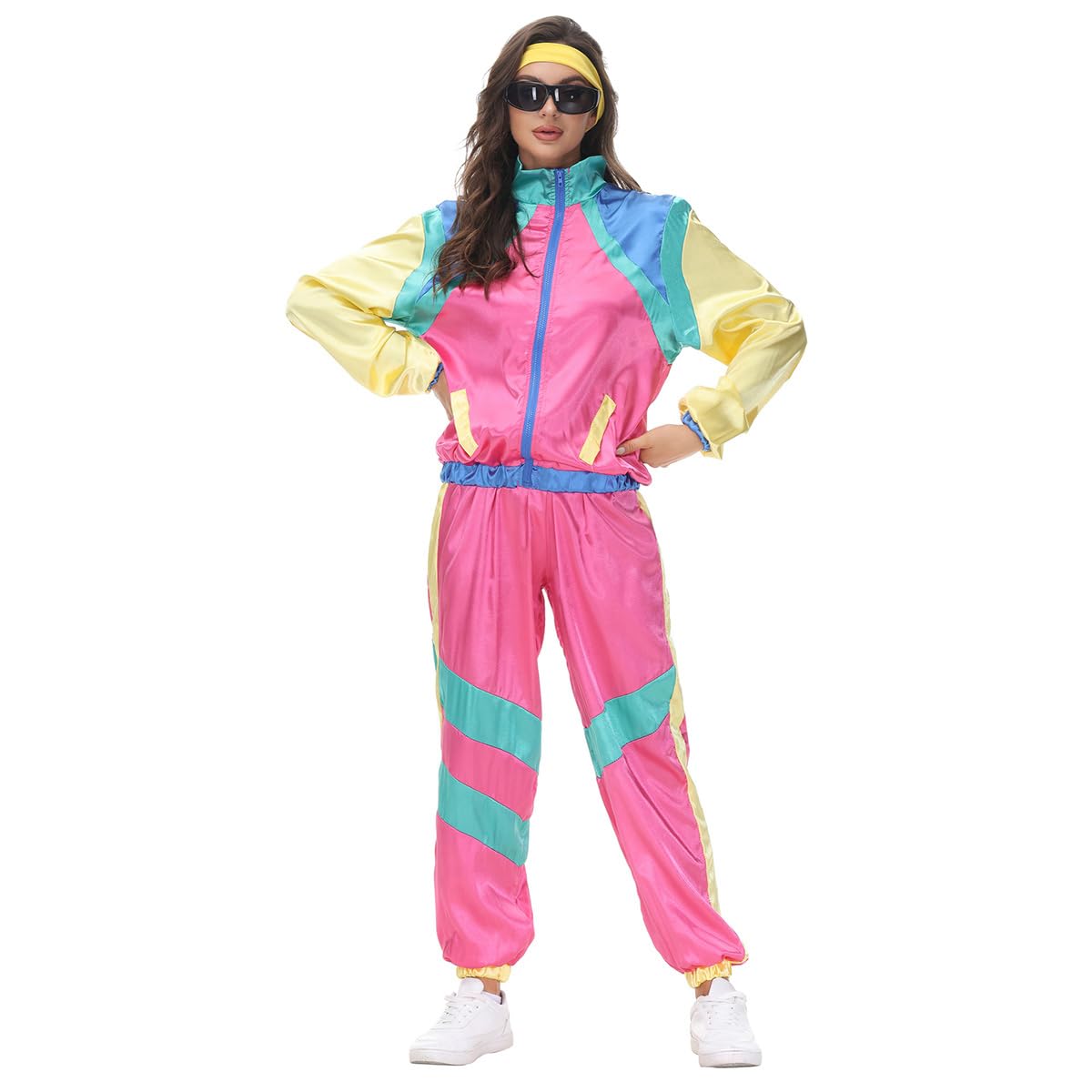 OBEEII Chándal de los años 80 para hombres y mujeres, chaqueta y pantalones, traje con diadema, traje de los años 80 para Halloween, fiesta vintage, carnaval
