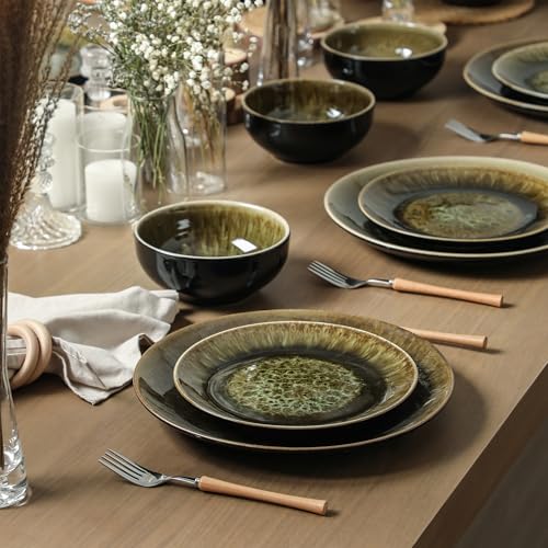 Image of Stone Lain Riley 24-Piece Dinnerware Set Stoneware, Plates and Bowls Set, Dishwasher and Microwave Safe, Dish Set for 8, Black and Green