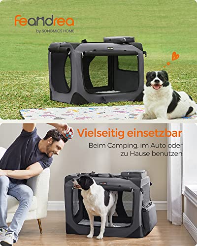 Feandrea Hundebox faltbar, Transportbox Hund, XL, Hundetasche, Oxford-Gewebe, Netzstoff, atmungsaktiv tragbar transportabel, Metallrahmen, mit Griffen, Taschen, 81 x 58 x 58 cm, grau PDC008G01