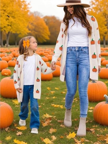 Mommy and Me Halloween Sweaters Pumpkin Long Sleeve Open Front Knit Cardigan Mom and Daughter Matching Outfits2