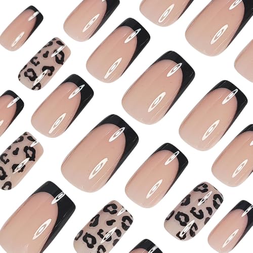 Image of Black french tip Press on Nails Leopard Print Nail Press ons Medium Square Fake Nails with Design Glossy Full Cover Glue on Nail Artificial Acrylic Stick on Nail foe Women Girls Manicure 24Pcs