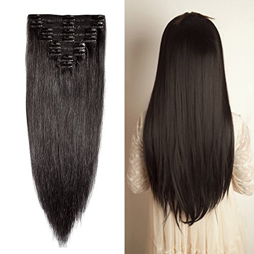 Double Weft 100% Remy Human Hair Clip in Extensions 14''-22'' Grade 7A Quality Full Head Thick Thickened Long Soft Silky Straight 8pcs 18clips Off Black (18