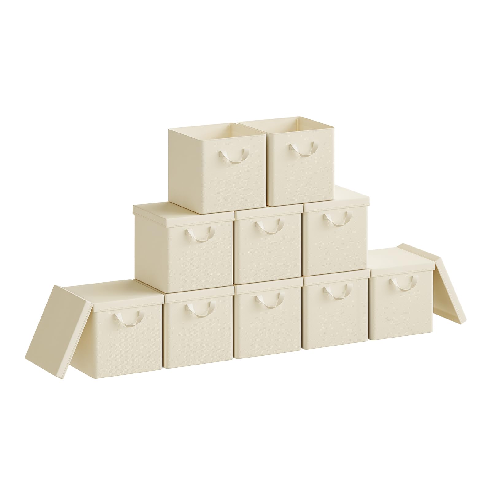 WOLTU Scatole Contenitori Pieghevoli Set di 10, Cubi in Tessuto con Manico, Coperchio e Struttura in Metallo, Organizer per Armadio e Scaffale, Crema, 27x27x27cm