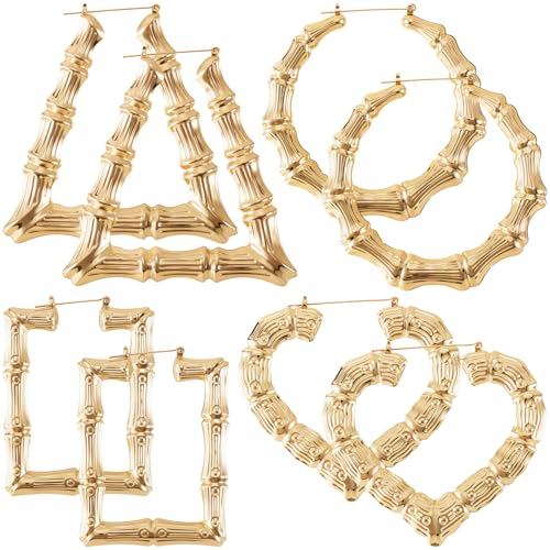 PAGOW 4 Pairs Extra Large Bamboo Earrings 3 Inch 14K Gold Plated Heart-Shaped Trapezoidal Rectangular Hoop Bamboo Earrings Hypoallergenic 80s 90s Shiny Hip Hop Earring Hoops for Women Jewelry Party - 4 Styles