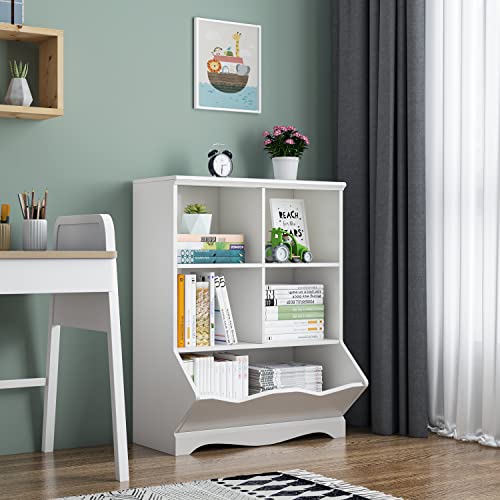 Horstors Toy Storage Organizer For Kids, 5 Cubbies Toy Storage Cabinet, Children Bookcase And Bookshelf Storage Display Rack Organizers For Playroom, Bedroom, Reading Nook, Nursery, White #TOP3