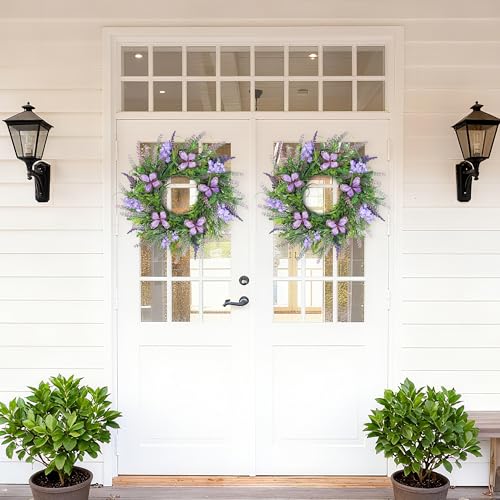 COLORSPEC Lavendelkränze für die Haustür 50CM, künstlicher Frühlings- und Sommerkranz mit lila Schmetterlingen, Ganzjahreskranz-Dekoration für Zuhause, Bauernhaus, Hochzeit, drinnen und draußen