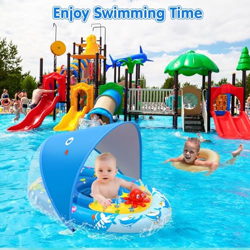 ezigo baby pool float with canopy upf50 sun protection inflatable kids pool floats with ocean animal toys for baby 6-36 months infant swimming float with adjustable safety seat for boys girls