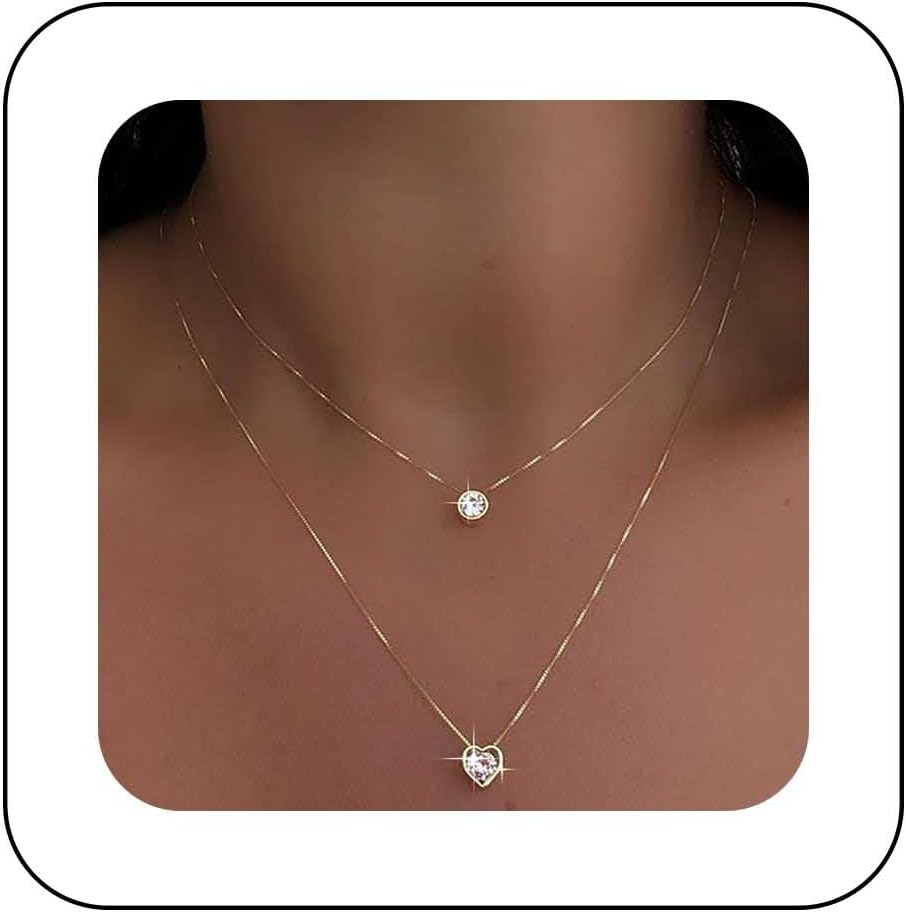 Vintage Layered Cz Choker Necklace Gold Crystal Heart Pendent Necklace Sparkling Gemstone Necklace Rhinestone Heart Necklace Jewelry for Women