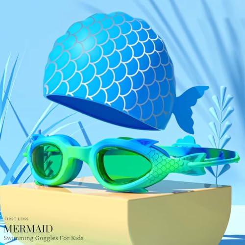 Image of First Lens Kids Swimming Goggle Mermaid Designed with Fish Tail Cap for Boys & Girls | AntiFog | UV Protection | Durable | Age 3 to 8 - Blue-Light-Green - SW38