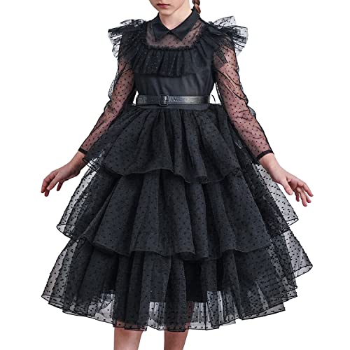 Sunny Fashion Girls Dress Black Lace Long Sleeve Organza Ruffle Polka Belt