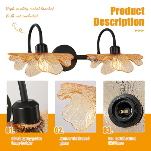 Image of 2 Light Bathroom Lighting Fixtures Amber Glass Shade, Easy Install | Wall Light, Sconce, Vanity Light, Glass Petals, Matte Black, Guest Bathroom, Vintage, 23.23 inch, E26 Base, Bedroom, Living Room
