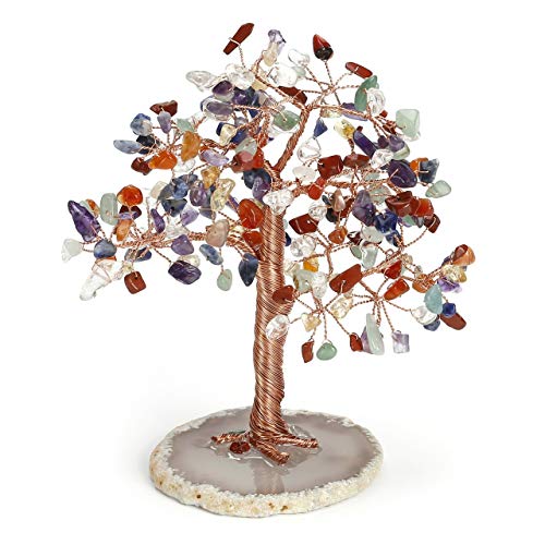 Top Plaza 7 Chakra Reiki Healing Crystals Copper Money Tree Wrapped On Natural Agate Slices Geode Base Crystal Home Office Desk Tree Decor Feng Shui Luck Figurine Statue