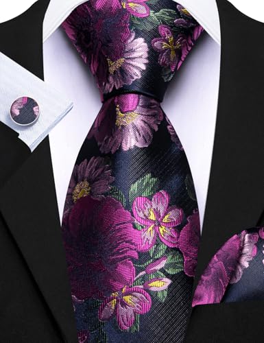 Image of Barry.Wang Flower Ties for Men Silk Woven Floral Tie Sets Necktie Handkerchief Cufflinks Wedding Party