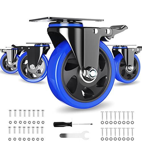 4 Inch Caster Wheels with Brake, Heavy Duty Casters Set of 4, Swivel Top Plate Casters with Double Ball Bearings, Industrial Locking Castor Wheels For Furniture, Workbench, Cabinet(Free Hardware Kits)
