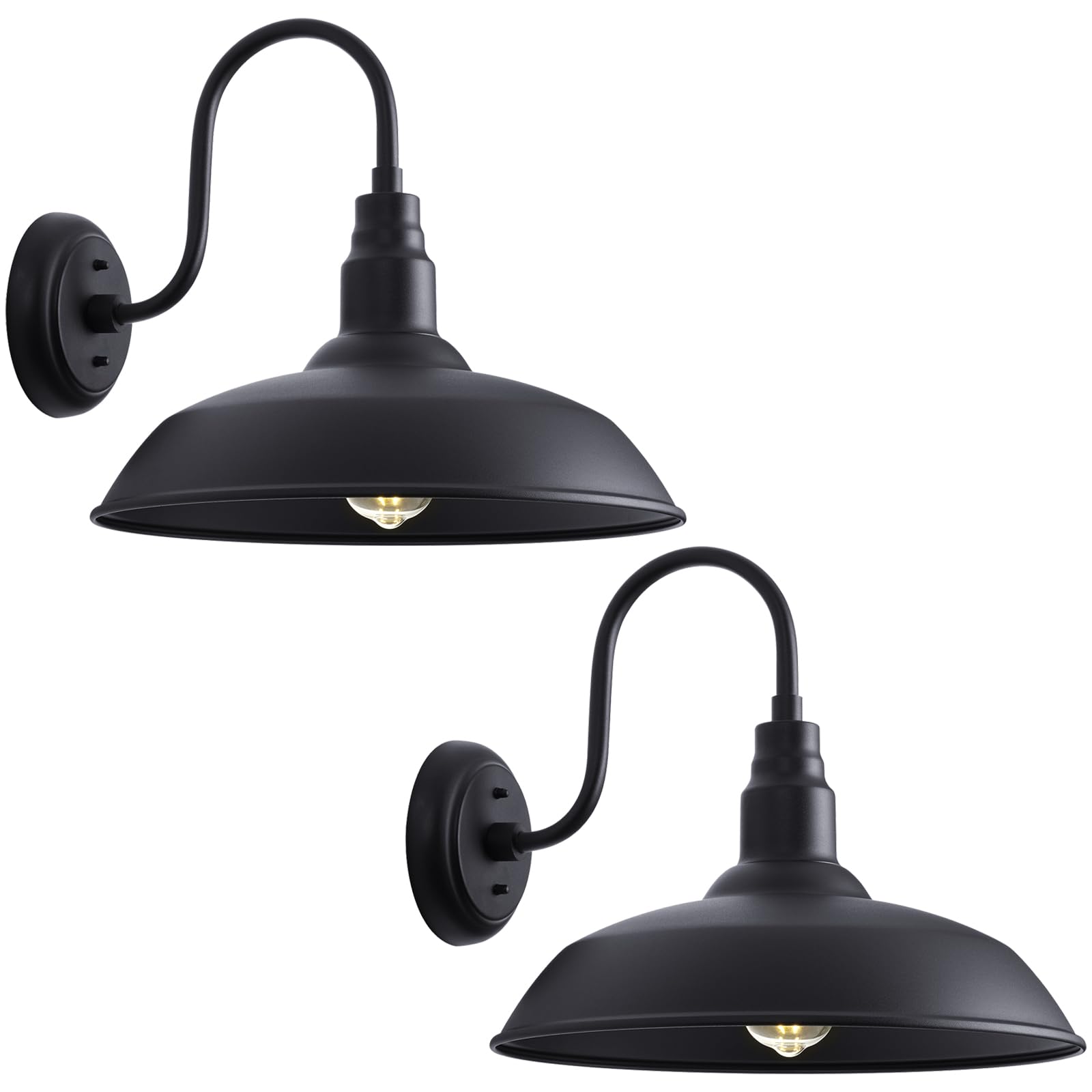 16 Inch Gooseneck Light Fixture for Barn Door, 2 Pack Large Barn Lights for Front Porch, Black Outdoor Farmhouse Light with Goose Neck Arm, Exterior Wall Dome Lighting for House Garage