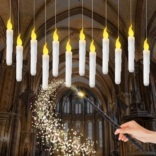 CLIUNT Velas Flotantes con Varita, 12PCS Velas Floating Mágicas, Floating Candles para Decoración de Halloween, parpadeantes luz Cónica Eléctrica Parpadeante