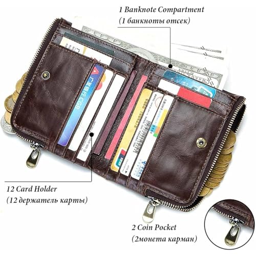 Genuine Leather Wallet for Men RFID Blocking Cowhide Vintage Chain Bifold Double Zipper Snap Closure Slim Large Capacity 12 Card Slots (Brown)3
