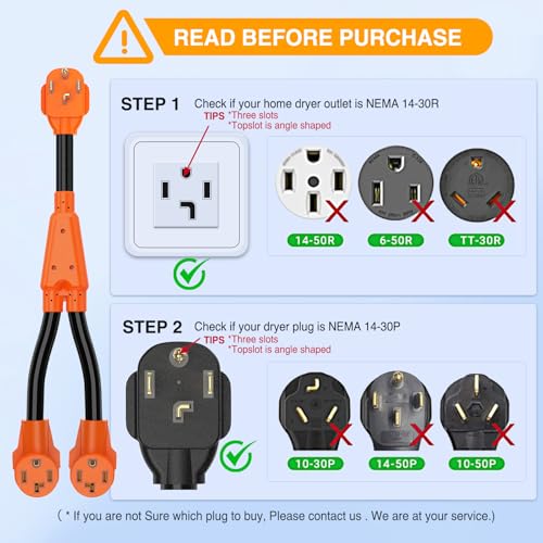 Image of Nilight EV Dryer Y Splitter Adapter Cord 30 Amp Male Plug to Two 30Amp Female Receptacle 4 Prong 125V /250V 7500 Watt Pure Copper Conversion Heavy Duty STW 10 AWG Cable 14-30P 14-30R 30M /30F