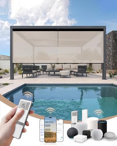 Image of Kincmo Motorized Outdoor Shades for Patio Porch, Custom Outdoor Motorized Blinds with Remote, Waterproof & Windproof Patio Shades Work with Apple Home,Alexa,Google (Beige-3% Openness)