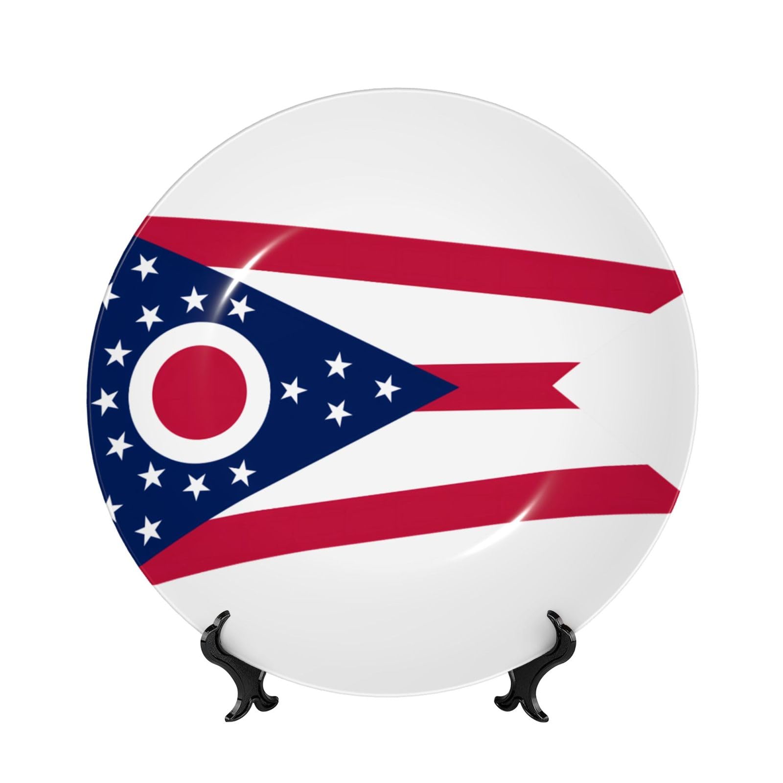 SXZVVBN Ohio State Flag Bone China Decorative Plate Art with Stand Removable Adhesive Hanging for Home Office 7in