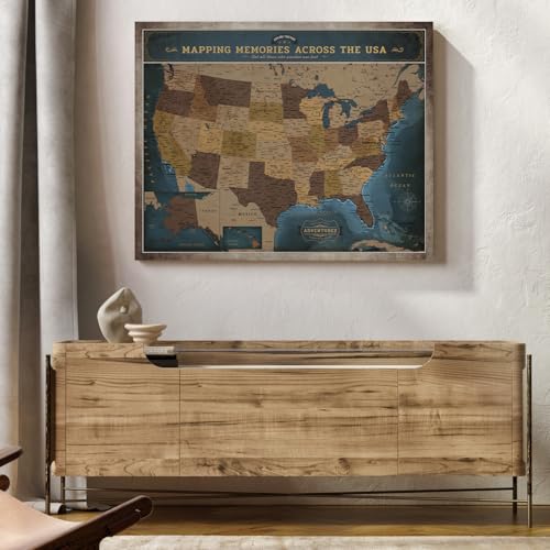 Image of DECORARTS - USA Push Pin Travel Map, Vintage Explorer-Style Canvas Wall Art in Blue, Archival Giclee Print, Hand-Stretched Canvas, Living Room & Office Wall Decor, for Travelers, Made in USA, 30x24''