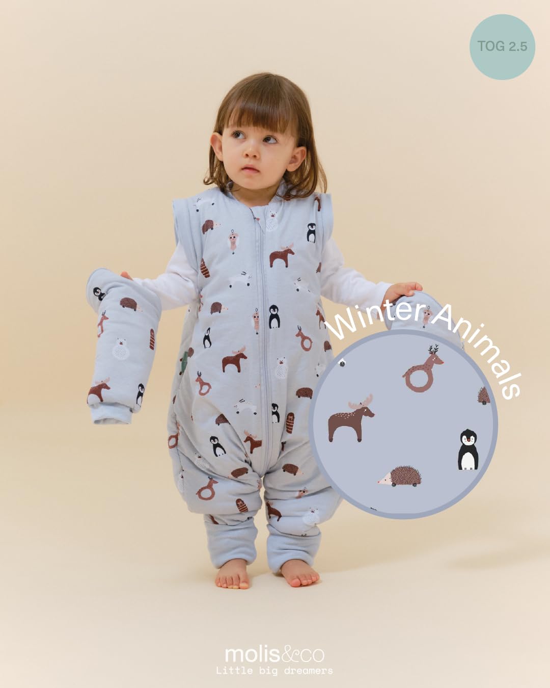 molis&co - Sacco Nanna con piedini, maniche staccabili e calzini - Sacco nanna invernale per Bambini - Sacchi Nanna 2.5 tog con piedini - 100% Cotone (Oeko-TEX 100) (Winter Animals, 1 anno)