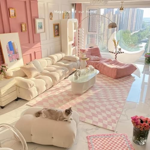 Alfombra de área grande decorativa con patrón de cuadros rosa moderno 3