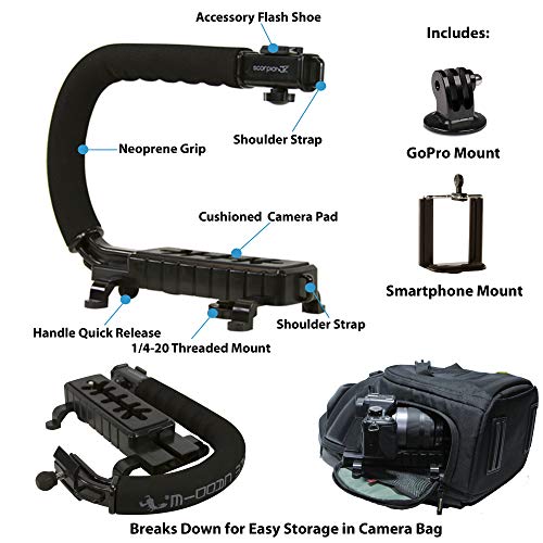 Cam Caddie Scorpion Jr Camera Stabilizer - Collapsible Stabilizing Smartphone Handle For All Dslr, Gopro, Mobile Phones With Integrated Cold Shoe And 1/4-20 Threaded Mounting Knob - Black #TOP1