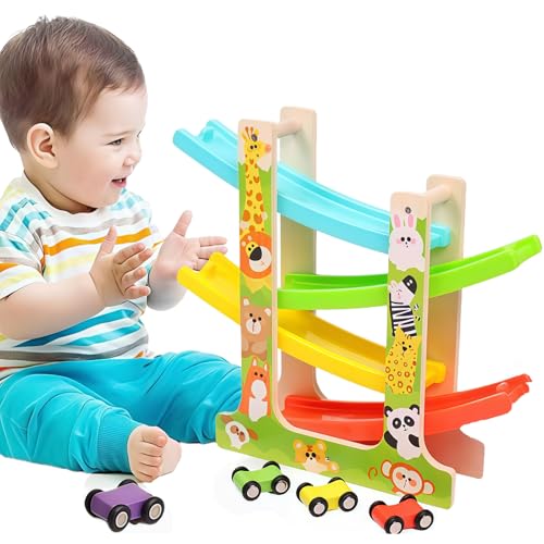 Circuit de Voiture en Bois avec 6 Petites Voitures, Rampe de Course Toboggan, Jouet d'Éveil Bébé 1 An 2 Ans, Cadeau Anniversaire Éducatif Montessori pour...