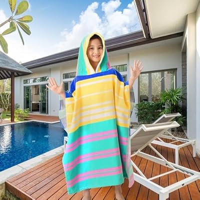 VOOVA & MOVAS Hooded Beach Towels for Big Kids, Oversized 64"x26" Made from 100% Soft Cotton - Color Strip,Perfect for Swimming Robe | Bathing | Beach | Birthday Easter Gifts 51aaOH+k1LL. SS400