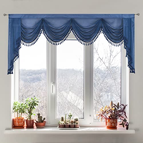 Oyring Navy Blue Sheer Window Curtains Valance For Living Room Waterfall Swag Valance Topper Curtains For Bedroom Rod Pocket Valance Curtains (1 Panel, W110 Inch) #TOP1