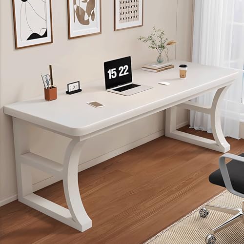 Moderno escritorio familiar minimalista con soporte de metal, fácil montaje, ideal para el hogar, oficina, juegos, sala de estar, 140 x 60 cm, acabado blanco.