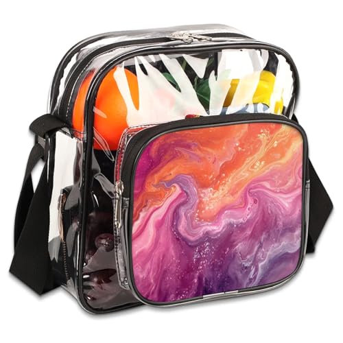 Clear Crossbody Bag Stadium Approved Abstract Marble Purple Transparent Bag for Festivals, Sports Events, Concerts,Beach Bag for Women Men Clear Purse with Front Pocket Messenger Bag