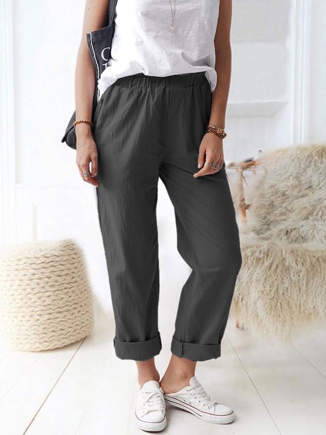 Women's Straight Pants Elastic Waist Casual Lounge Pants Trousers with Pockets Dark Gray3