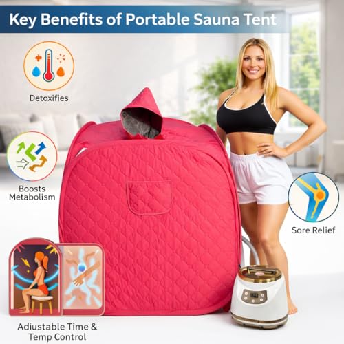 Image of Single Person Sauna, Portable Steam Full Body for Home Spa, Sauna Tent with Steamer 1500W 3 Litre Steam Generator, 90 Minute Timer, Remote Control Included (Pink)