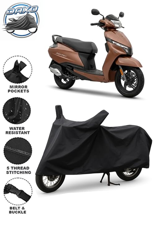 Image of DAXO Heavy Duty Waterproof Scooty & Bike Cover for Tvs Jupiter 110 - UV Resistant, Dustproof & Rain Protection, All-Weather Outdoor Cover for Bikes & Scooty with Buckle Straps | Black