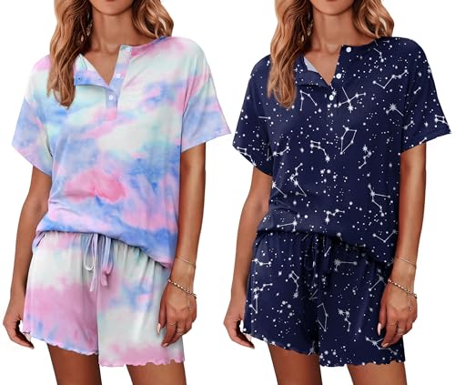 Image of Ekouaer 2 Pack Womens Pajama Sets Short Sleeve Top with Shorts Soft Comfy Loungewear Sleepwear S-XXL