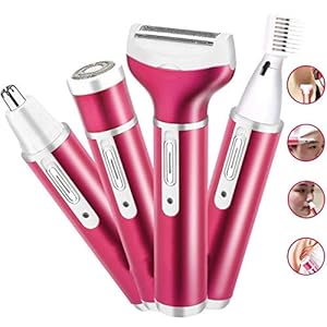 Ruiqas 4-in-1 Elektro Rasierer Damen,Intimrasierer für Frauen Haarentferner-Set Schmerzfrei Epiliergerät mit 4 abnehmbaren Aufsätzen für Bikini-Trimmer,Nasenhaarschneider,Augenbraue-Shaper