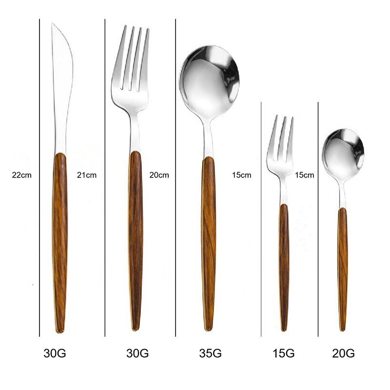 Stoviglie Set di posate in acciaio inossidabile da 30 pezzi/24 pezzi con posate con manico in legno per 6 persone, servizio da tavola per posate da banchetto per la casa (Color : 24pieces Silver)