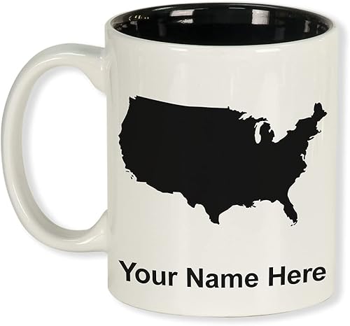 Miniatura 1 de LaserGram Taza de café redonda de cerámica de 11 oz, silueta de país de EE. UU., grabado personalizado incluido (blanco)