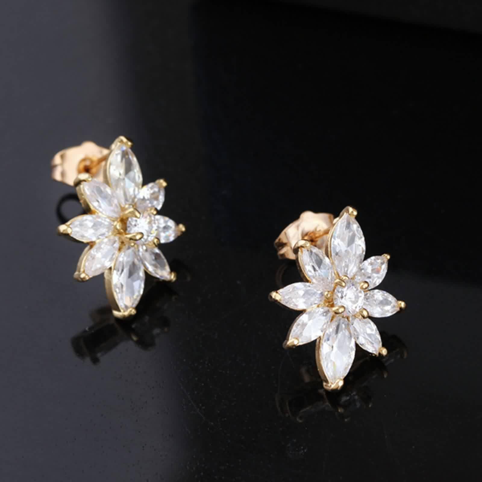 Pendientes de Mujer de Oro 9 K / 14 K / 18 K, Flor con Moissanita, Pendientes Mujer de Oro
