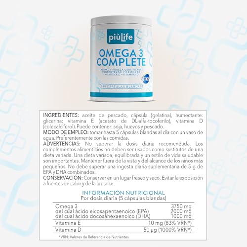 Omega 3 IFOS Certificado Con Vitamina D3 2000 UI PiùLife, 240 Omega 3 Capsulas Blandas, Aceite De Pescado 2000mg Epa Y 1000mg Dha Por Dosis, Fish Oil Triglicéridos, Corazón, Vista, Huesos Y Cerebro