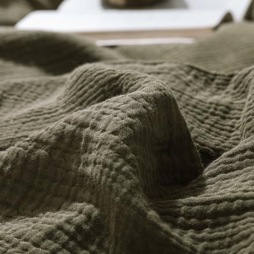 Image of mixinni Olive Green Waffle Weave Duvet Cover Set King, 3-Piece 100% Natural Washed Cotton Triple-Layer Gauze Solid Bedding Set, Soft Breathable Minimalist Comforter Cover with Zipper & Ties-King