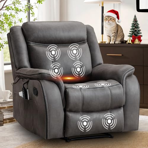 BAMCANFUR Massage Recliner Chair with Heat, Faux Leather Reclining Armchairs for Adults, 39" Wide Manual Recliner Sofa Chairs, Overstuffed Wall Hugger Recliners for Living Room, Grey