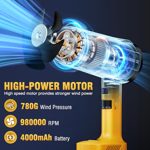 Image of Leaf Blower Cordless, Handheld Leaf Blower with 2 X 4.0Ah Battery and Charger, Snow Blower with 6 Speed Modes, Lightweight Blowers for Lawn Care, Patio, Yard, Blowing Snow, Leaves, Dust-Yellow