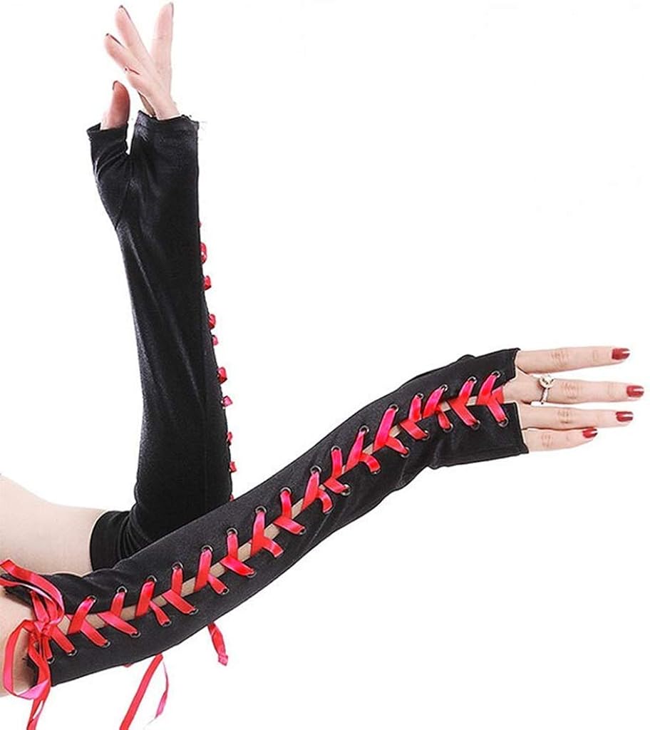 Womens sexy elbow Length Fingerless Lace Up Arm Warmer Satin Gloves-Rose at  Women’s Clothing store