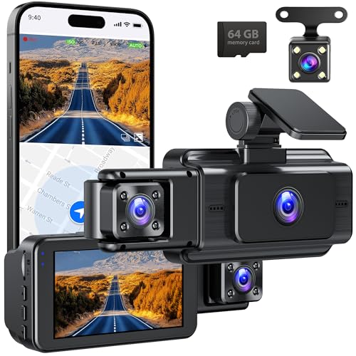 Dash Cam Front and Rear, 3 Channel Dashcam Car Camera with 64GB SD Card, Wi-Fi, Night Vision, 3" IPS Display, G-Sensor, APP Control, Loop Recording for Cars, Vans, Trucks (Black)